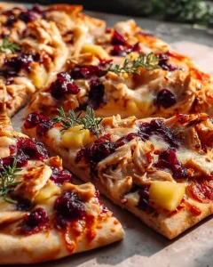 Cranberry Chicken Brie Pizza topped with chicken, brie cheese, and cranberry sauce.