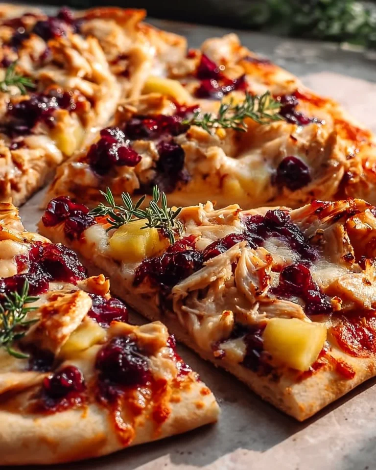 Cranberry Chicken Brie Pizza topped with chicken, brie cheese, and cranberry sauce.