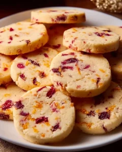 Freshly baked Cranberry Orange Shortbread Cookies on a plate
