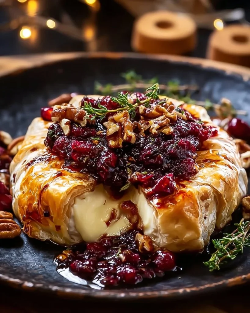 Cranberry Pecan Baked Brie served with crackers and garnish