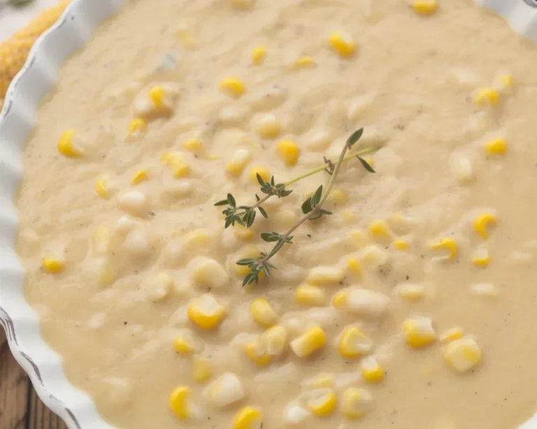 Delicious homemade creamed corn served in a bowl with fresh herbs.
