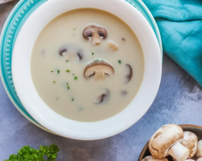 Homemade cream of mushroom soup garnished with fresh herbs, ready to serve.