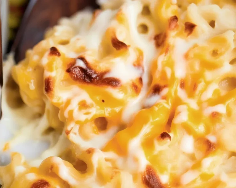 Delicious baked mac and cheese with creamy cheese sauce and a crispy top layer.