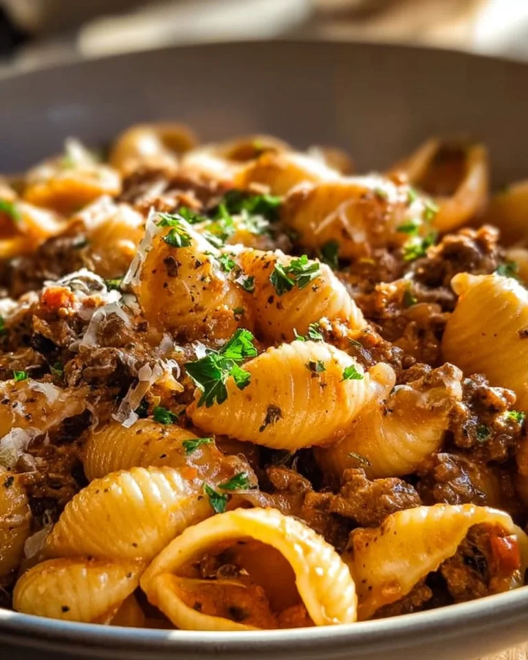 Creamy Beef and Shells dish with a Mexican flair, topped with cheese and spices.