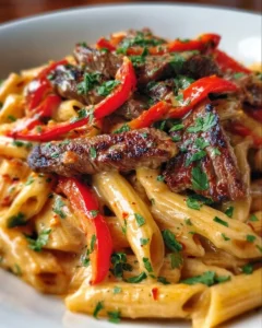 Delicious creamy Cajun steak penne with garlic and Parmesan served in a bowl.