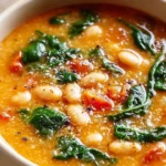 Creamy cannellini bean spinach soup in a bowl, garnished with fresh herbs.