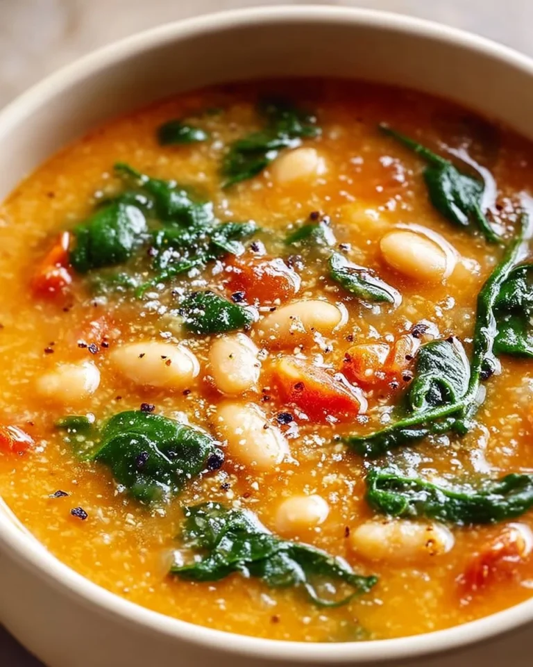 Creamy cannellini bean spinach soup in a bowl, garnished with fresh herbs.