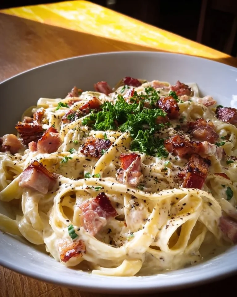 Delicious creamy carbonara pasta dish garnished with herbs and cheese