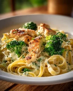 Creamy Chicken Alfredo Fettuccine with broccoli in a white sauce