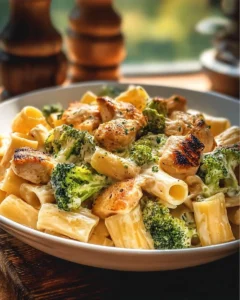 Creamy chicken and broccoli pasta served on a plate