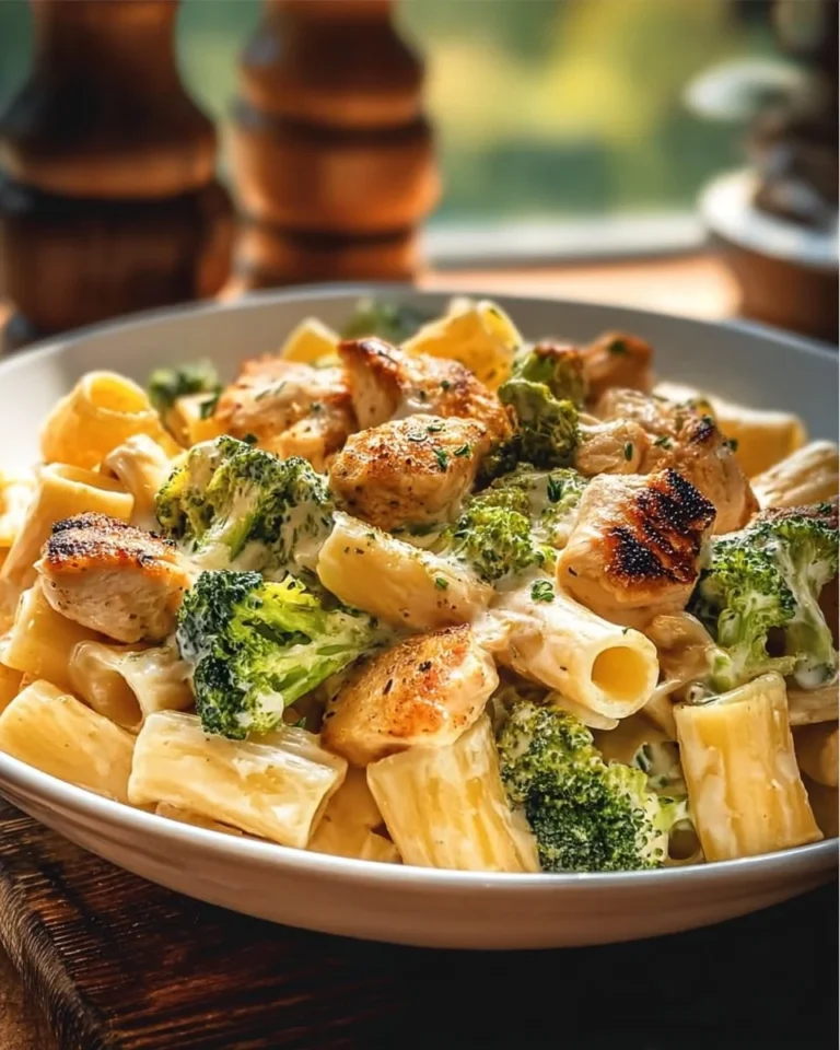 Creamy chicken and broccoli pasta served on a plate