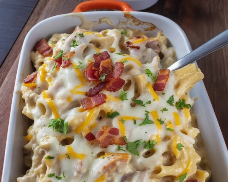 Creamy Chicken Bacon Ranch Pasta topped with cheese and bacon