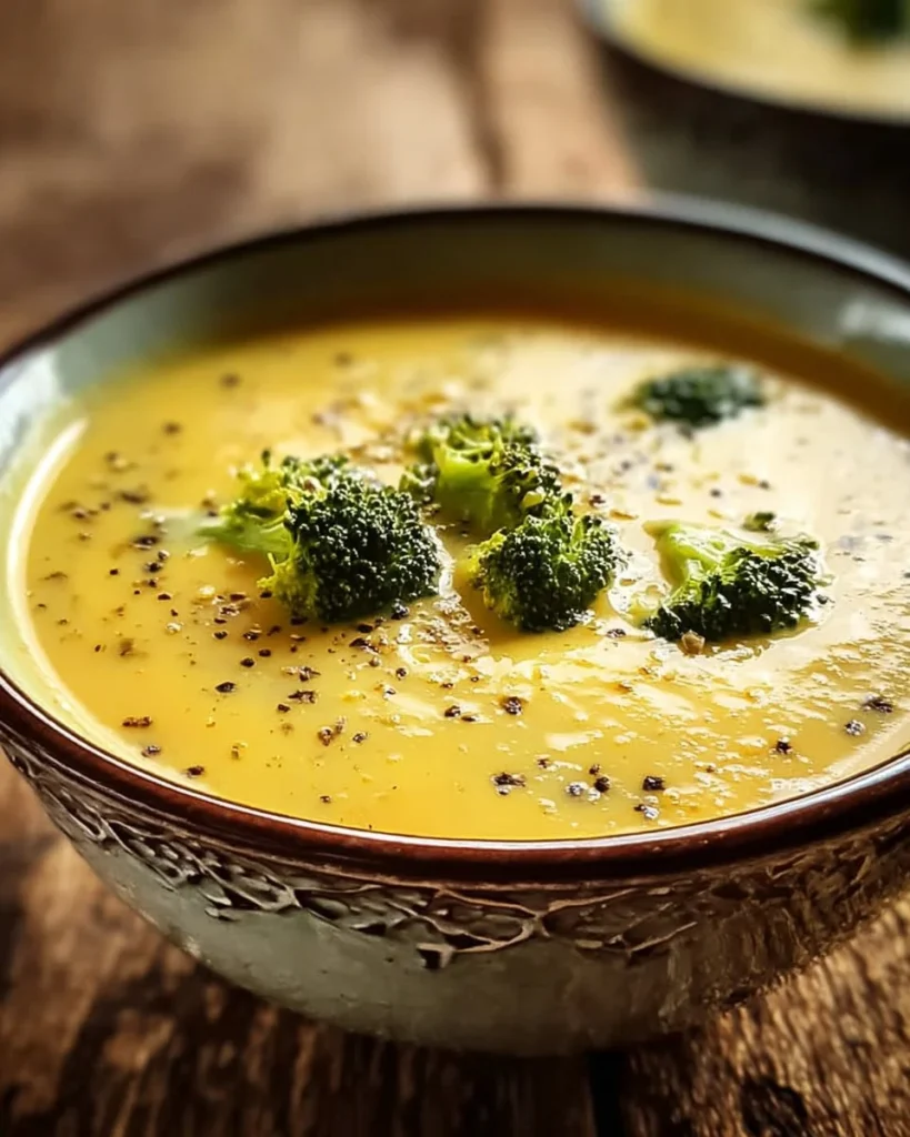 Creamy broccoli cheese soup served in a bowl with cheese and broccoli garnish