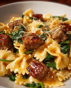 Creamy garlic butter beef bowtie pasta with Italian sausage and spinach dish