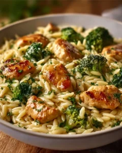 A delicious plate of creamy garlic chicken orzo with broccoli, garnished and ready to serve.