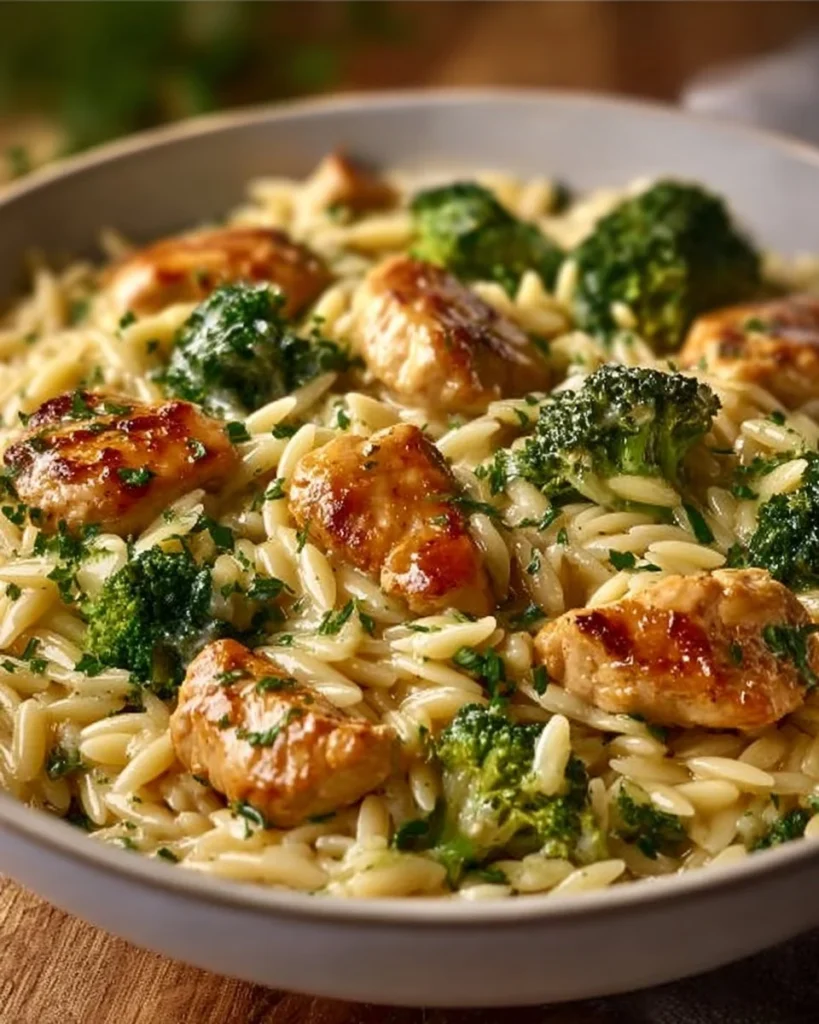 A delicious plate of creamy garlic chicken orzo with broccoli, garnished and ready to serve.