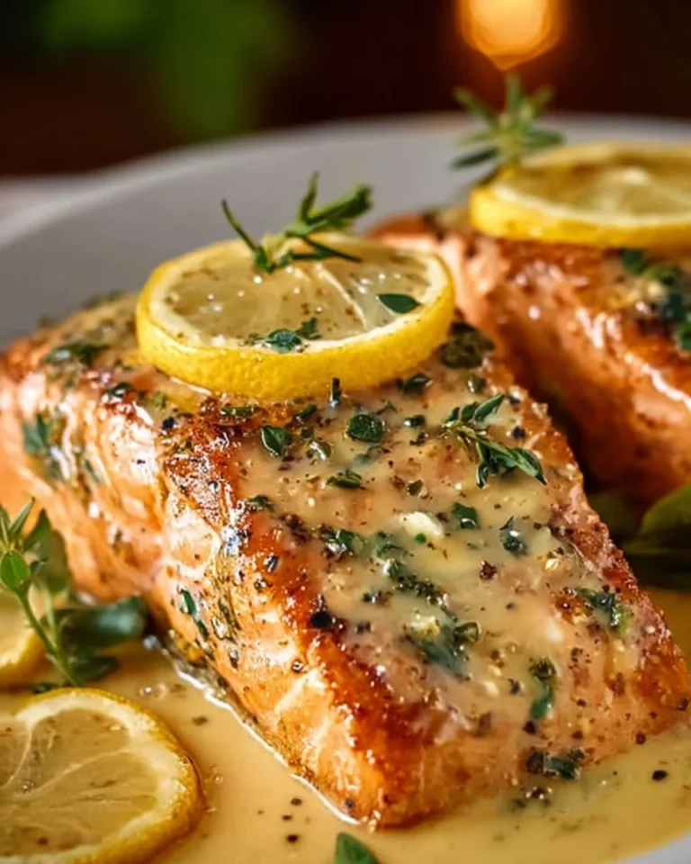 Creamy lemon butter salmon garnished with herbs on a plate