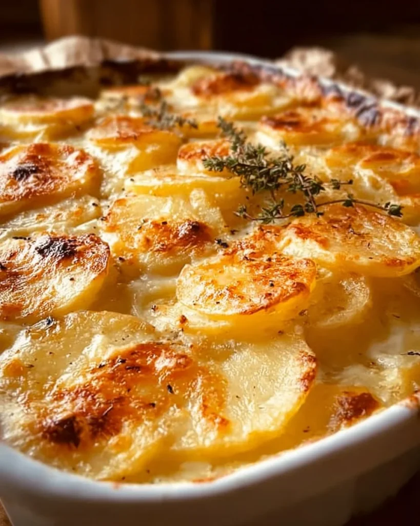 Creamy scalloped potatoes topped with cheese and baked to perfection