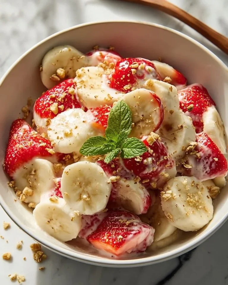 Creamy strawberry banana salad in a bowl with fresh fruits and creamy dressing.