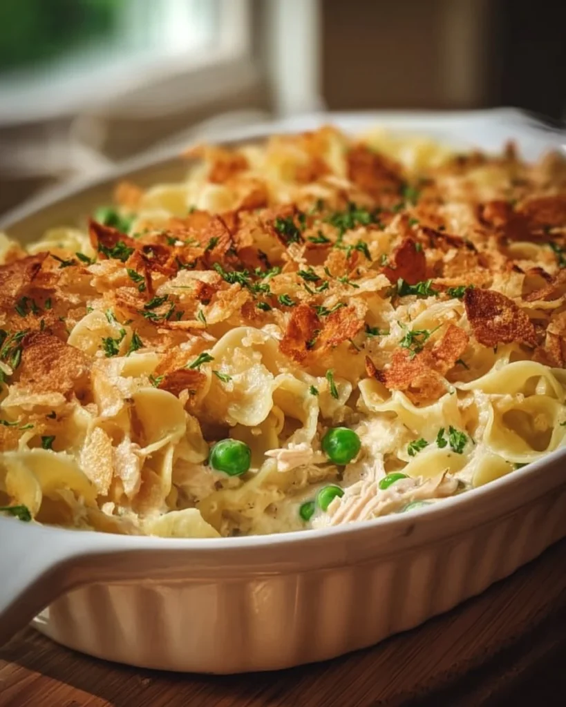 Delicious creamy tuna noodle bake served in a casserole dish