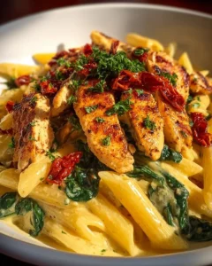 Creamy Tuscan chicken pasta with chicken, sun-dried tomatoes, and herbs