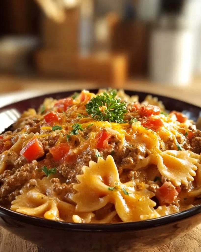 Creamy Velveeta beef and bowtie pasta dish in a serving bowl