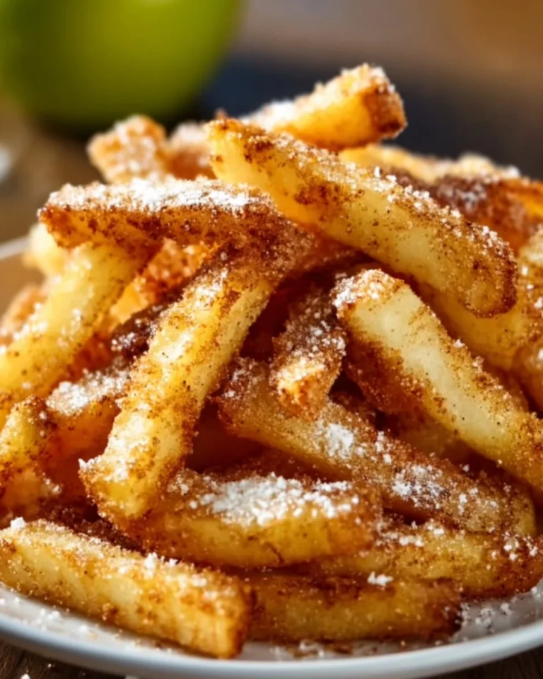 Crispy air fryer apple fries served with caramel dipping sauce