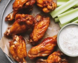 Crispy baked chicken wings served with dipping sauce on a white plate.