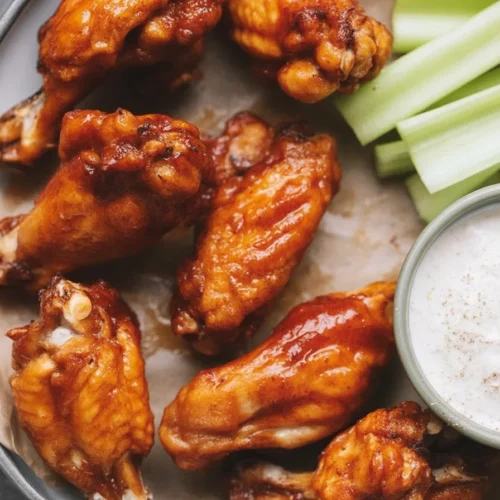 Crispy baked chicken wings served with dipping sauce on a white plate.