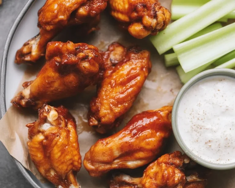 Crispy baked chicken wings served with dipping sauce on a white plate.