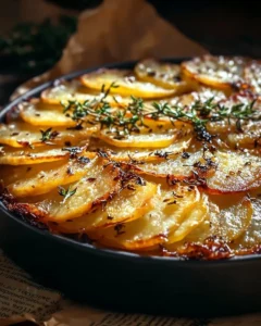 Crispy Balsamic-Thyme Potato Torte garnished with fresh thyme on a rustic plate.