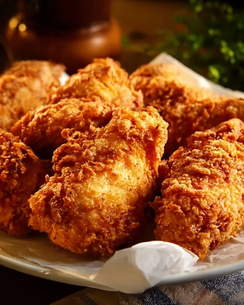 Golden crispy fried chicken served with a side of dipping sauce
