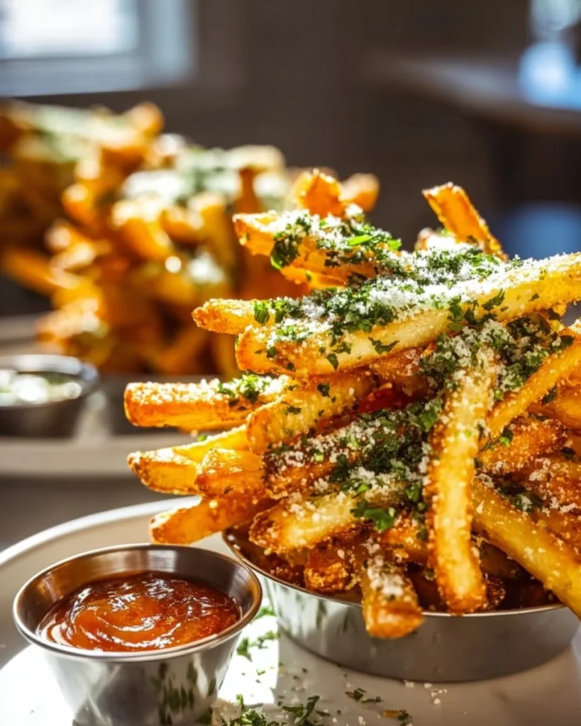 Delicious crispy garlic parmesan fries served in a bowl
