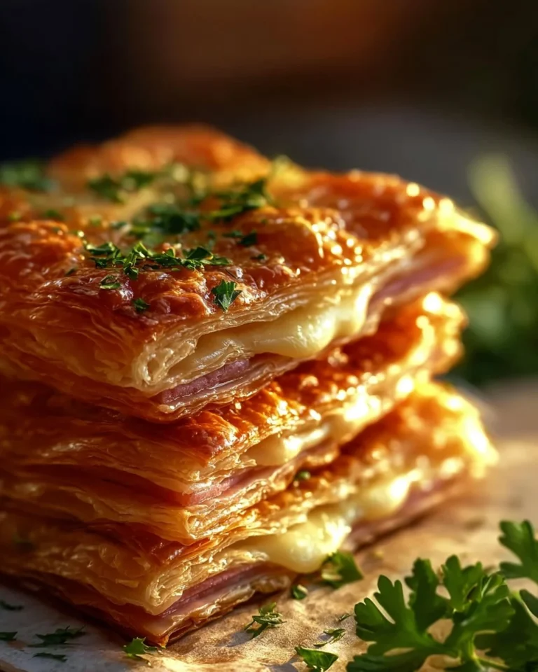 Crispy ham and cheese puff pastry stacks on a baking sheet.