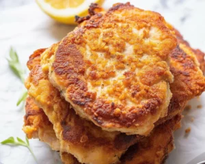 Crispy Italian Chicken Cutlets ready to serve with lemon and herbs.