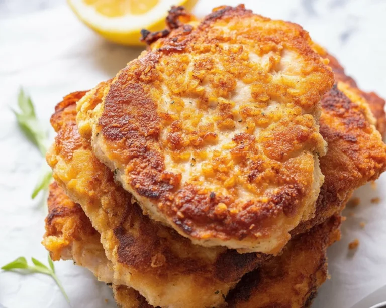 Crispy Italian Chicken Cutlets ready to serve with lemon and herbs.