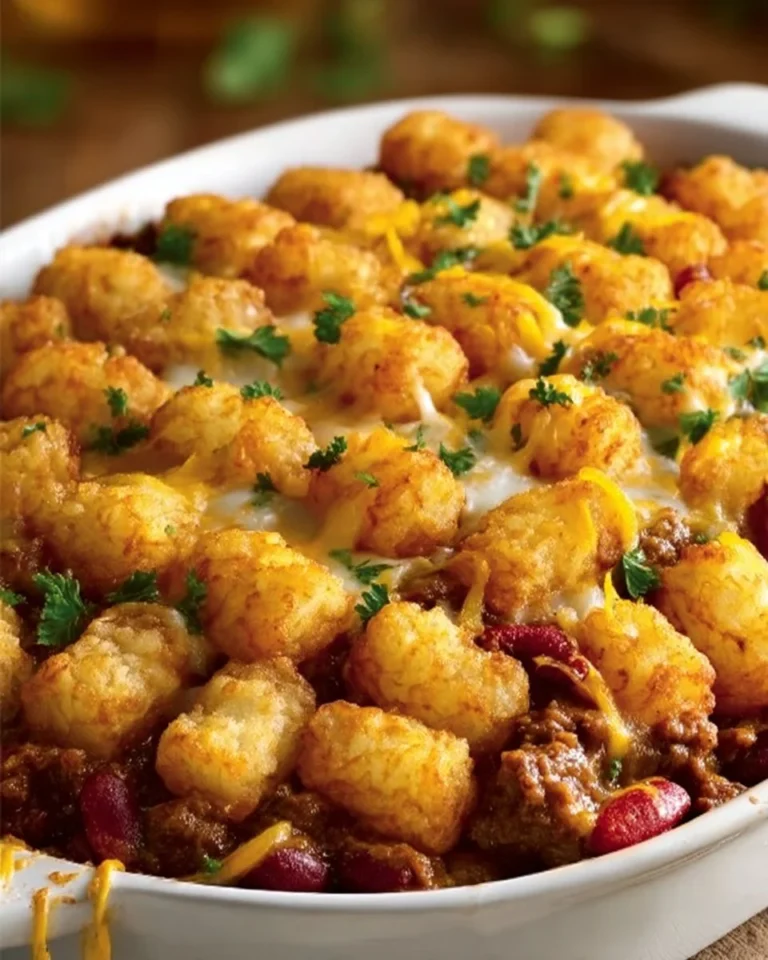 Crispy Tot Chili Casserole with layers of crispy tater tots and chili topped with cheese