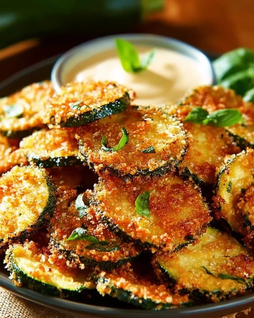 Crispy zucchini chips served with a bowl of basil mayo dip