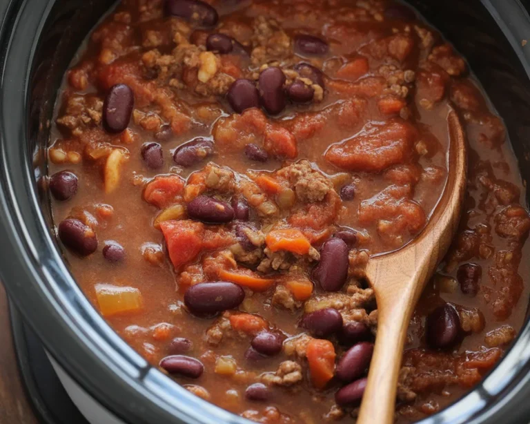 Delicious crockpot chili recipe with ground beef, beans, and spices simmering in a slow cooker.