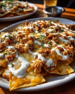 Delicious crockpot creamy chicken nachos topped with cheese and jalapeños