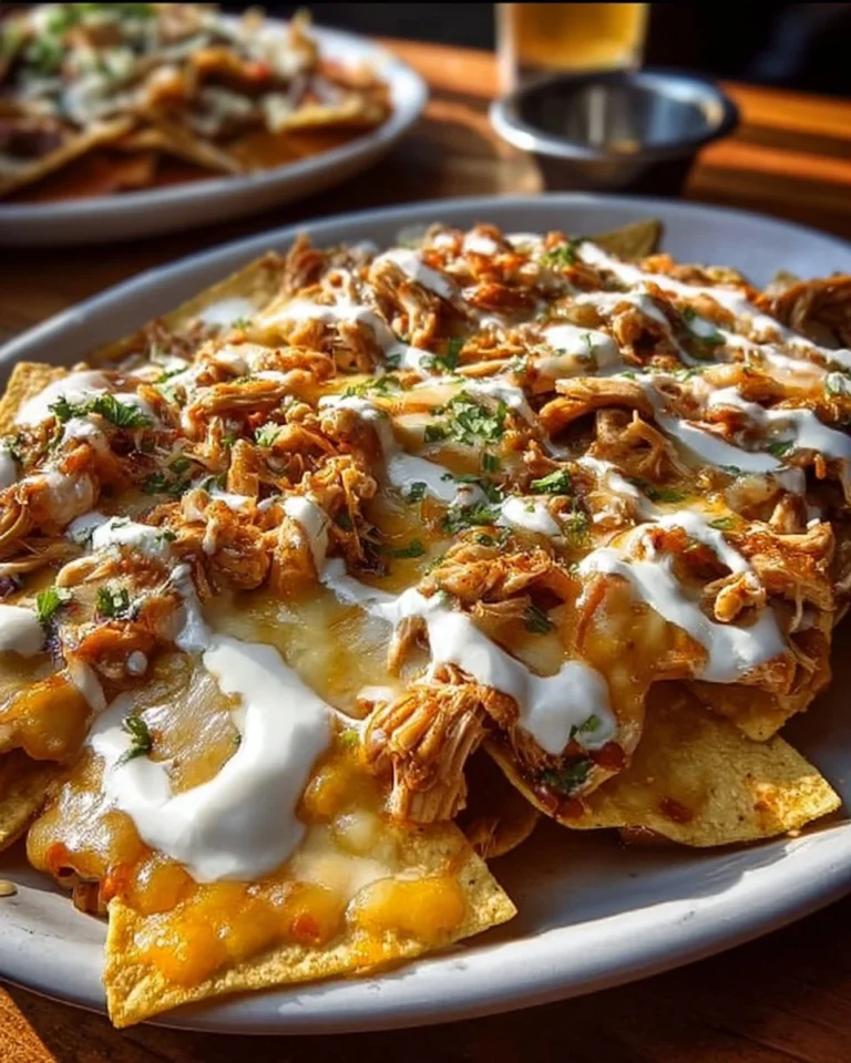 Delicious crockpot creamy chicken nachos topped with cheese and jalapeños