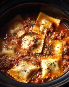 Delicious Crockpot Ravioli Lasagna served in a bowl