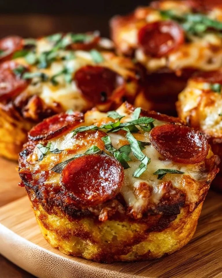 Delicious deep dish pizza cupcakes topped with melted cheese and pepperoni.