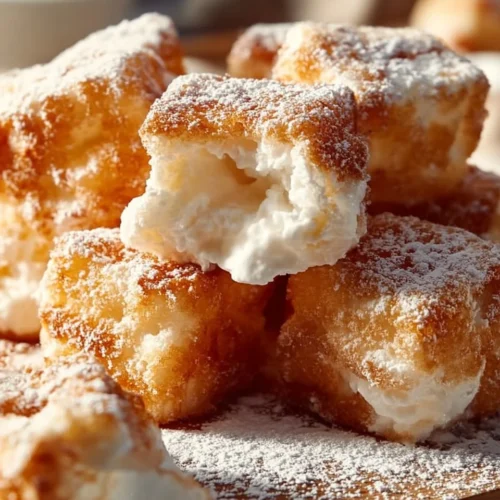 Plate of crispy deep fried marshmallows coated in powdered sugar