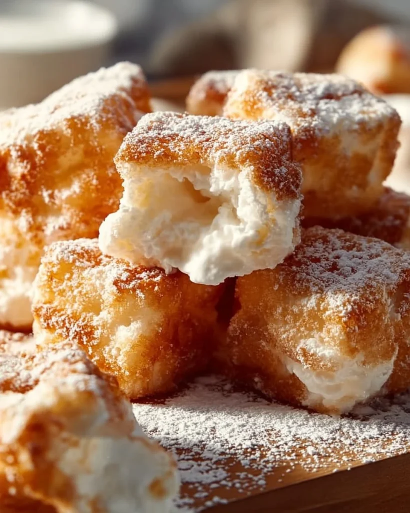 Plate of crispy deep fried marshmallows coated in powdered sugar
