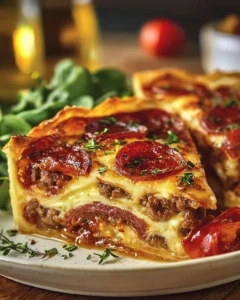 Delicious deep hamburger sausage and pepperoni pie served on a rustic wooden table.