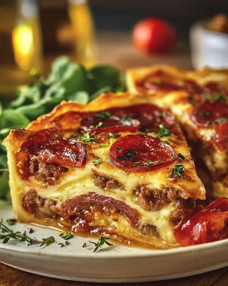 Delicious deep hamburger sausage and pepperoni pie served on a rustic wooden table.