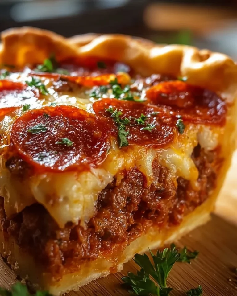 Delicious deep hamburger pie topped with sausage and pepperoni