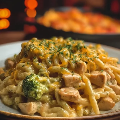 Delicious broccoli cheese pasta with chicken served in a bowl