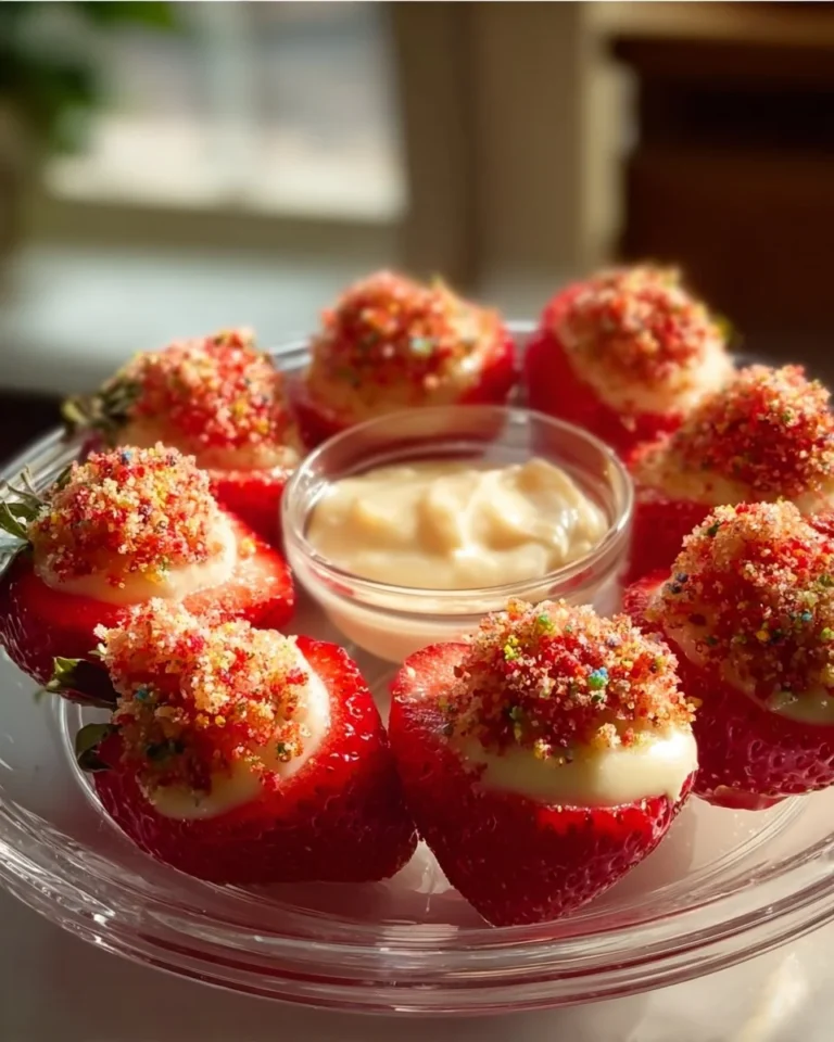 Deviled strawberries topped with a creamy filling and fresh garnish